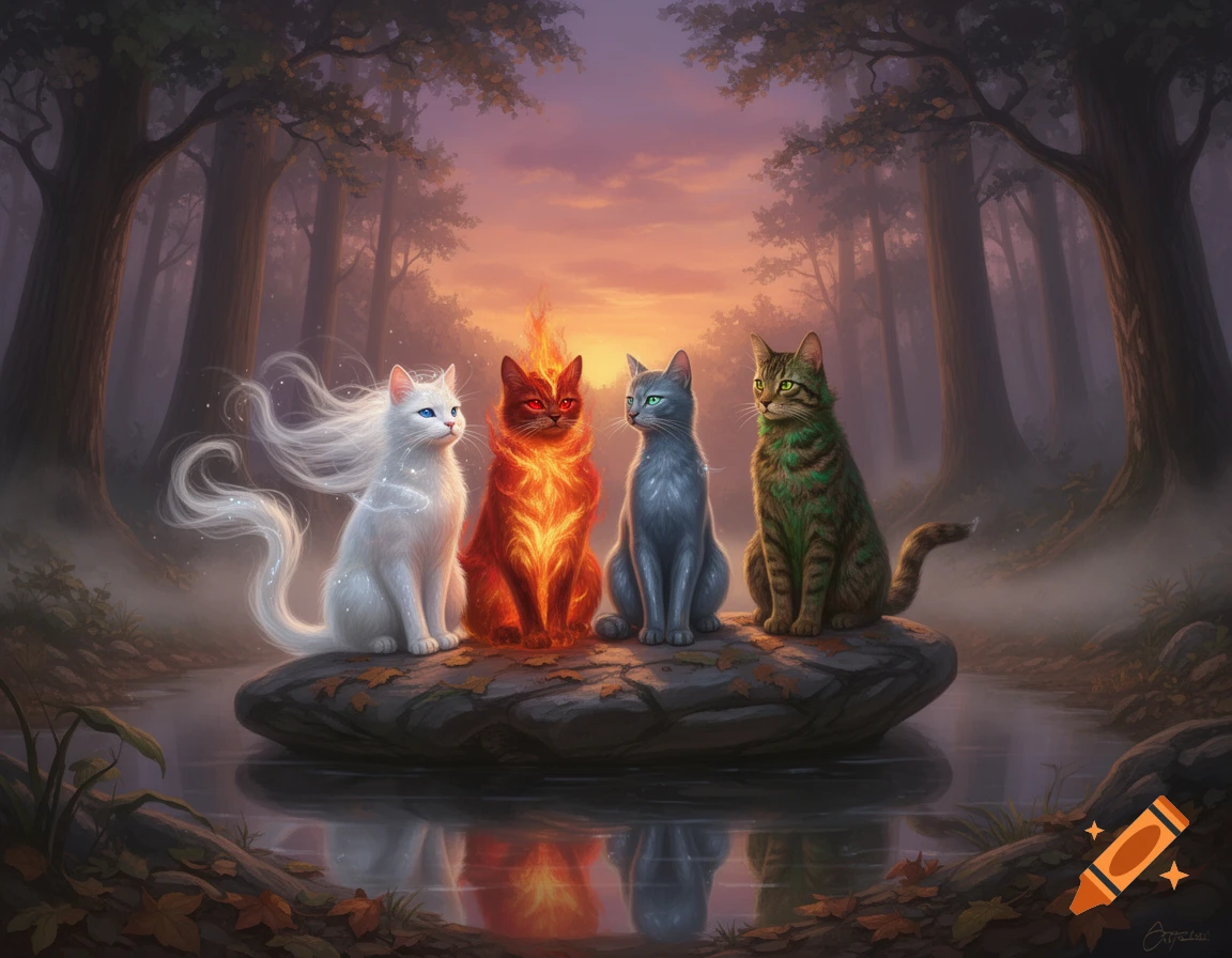 Four elemental cats representing air, fire, water, and earth sit on a ...