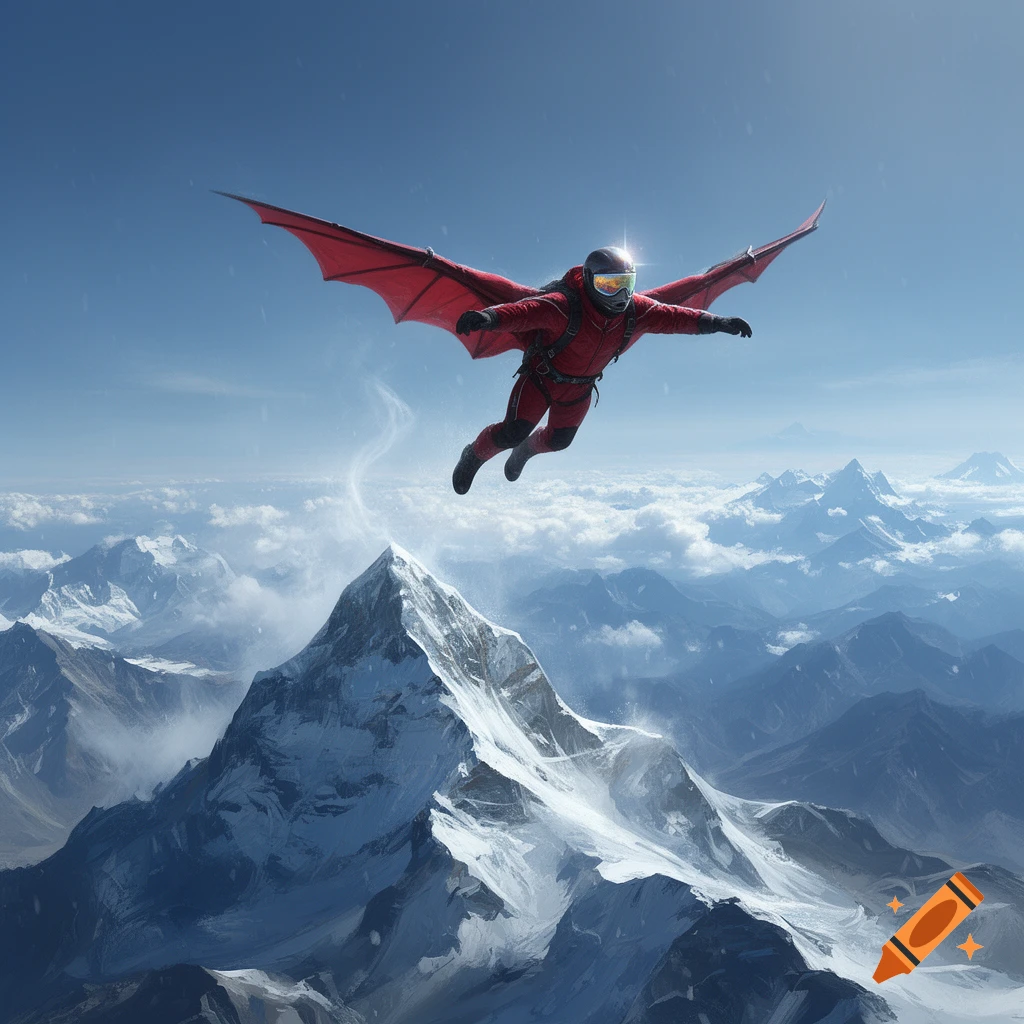 A person in a red wingsuit and helmet soars high above snow-capped mountain peaks and clouds under a bright blue sky, looking photorealistic.