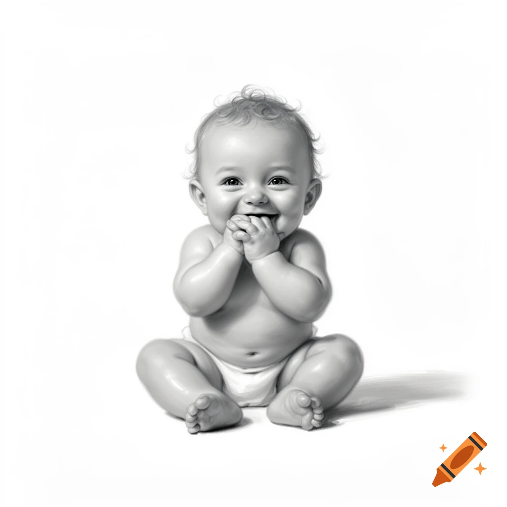 A grayscale portrait of a laughing baby in a diaper, hands covering its mouth, on a white background.