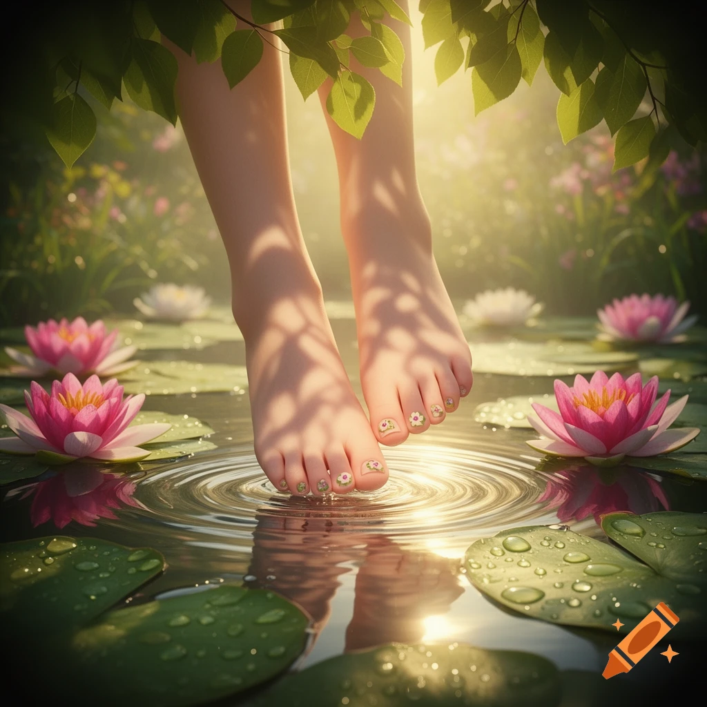Pair of bare feet with painted toenails dipping into serene water surrounded by pink lotus flowers and lily pads.