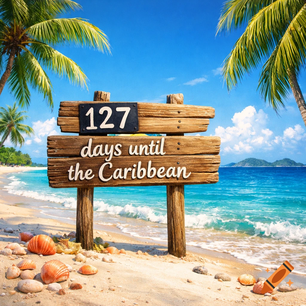 A wooden sign on a sunny tropical beach reads '127 days until the Caribbean', with palm trees, blue ocean, and seashells.