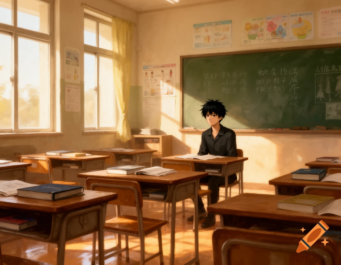 Anime-style student with black hair sitting at a desk in the back of a brightly lit classroom.