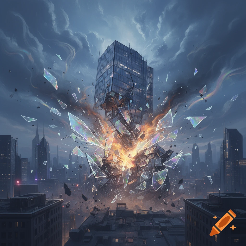 A large skyscraper explodes in a cityscape, with shards of glass and fire, under a dramatic cloudy sky.