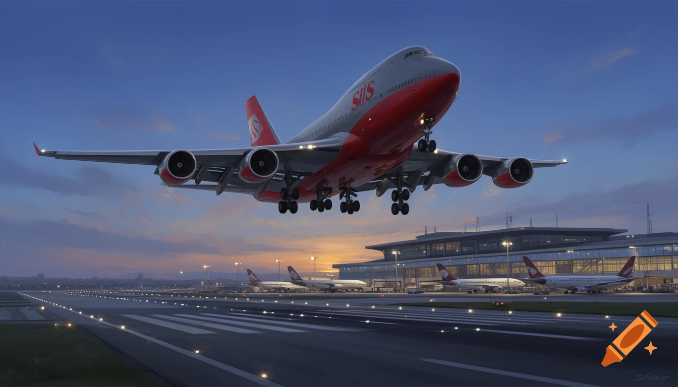 A photorealistic red and gray Boeing 747 descends for landing on a brightly lit airport runway at sunset.