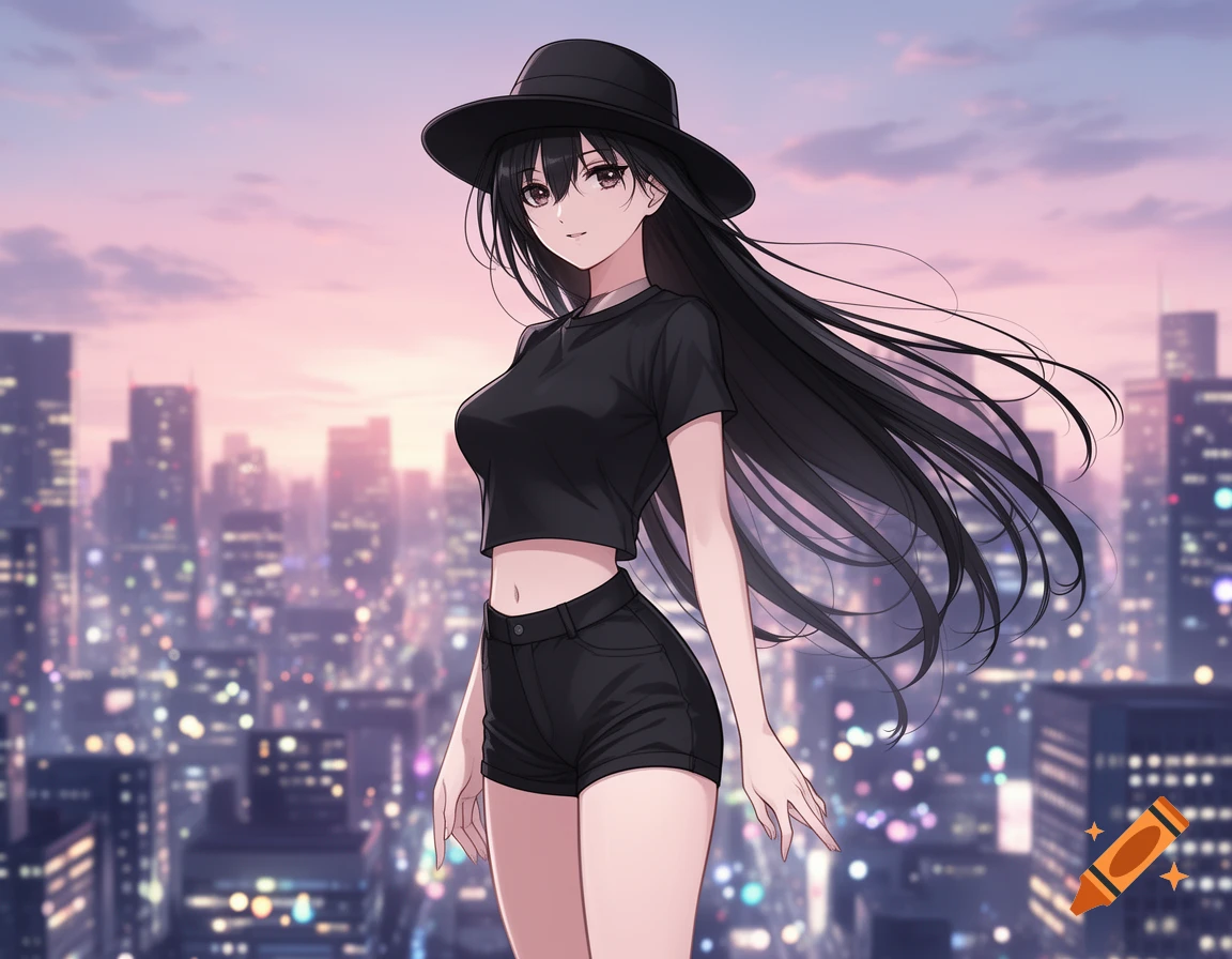 An anime girl with long black hair, wearing a black hat, crop top, and shorts, stands on a rooftop overlooking a city skyline at sunset.