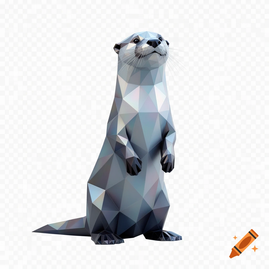 A geometric otter standing on its hind legs looking upwards, against a transparent background.