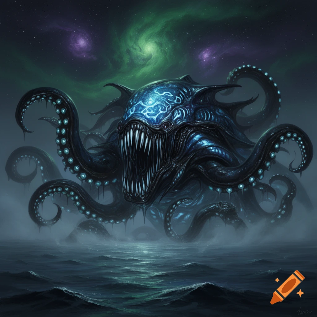 A giant, blue-glowing alien sea monster with many tentacles and sharp teeth emerges from a dark, misty ocean under a nebular sky.
