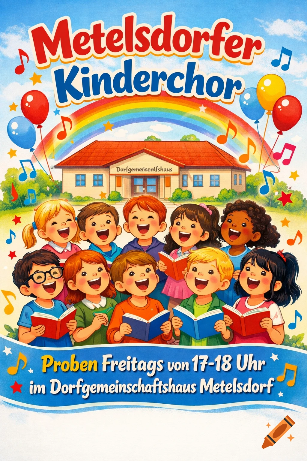 A vibrant poster shows a diverse group of smiling children singing in a choir, in front of a community house with a rainbow, balloons, and musical notes.