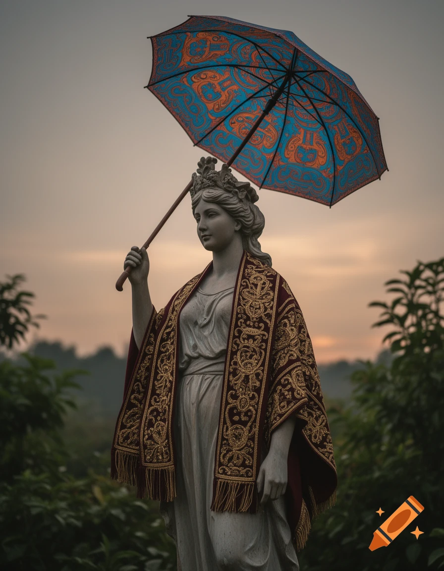 A classical statue of a woman wearing a richly embroidered cape holds a blue and orange patterned umbrella outdoors at dusk.