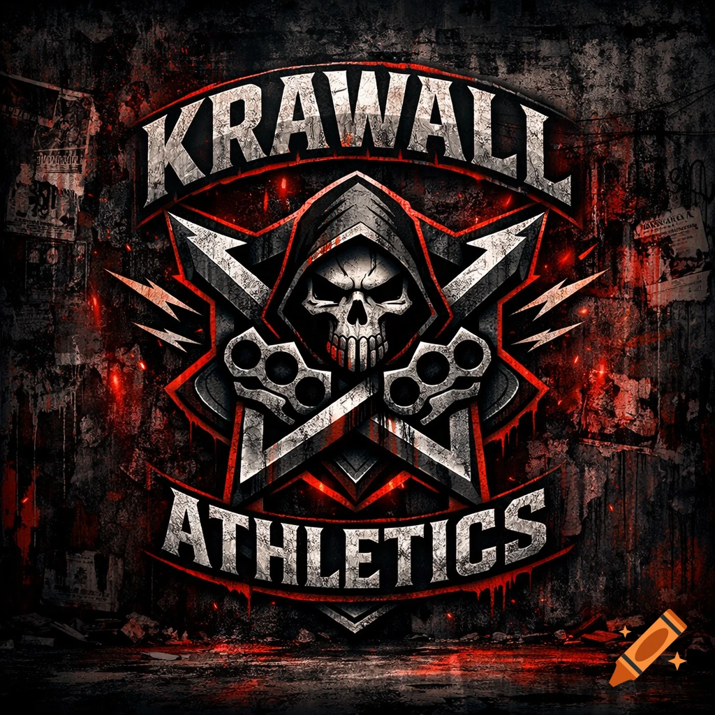 Logo featuring a hooded skull, brass knuckles, and crossed weapons in a dark, gritty style with red accents. Text reads 'KRAWALL ATHLETICS'.