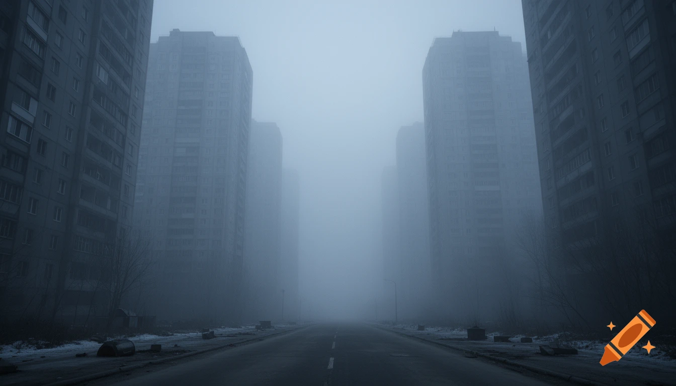 A foggy, desolate street lined with tall, grey Soviet-style apartment buildings under a gloomy sky, photorealistic.