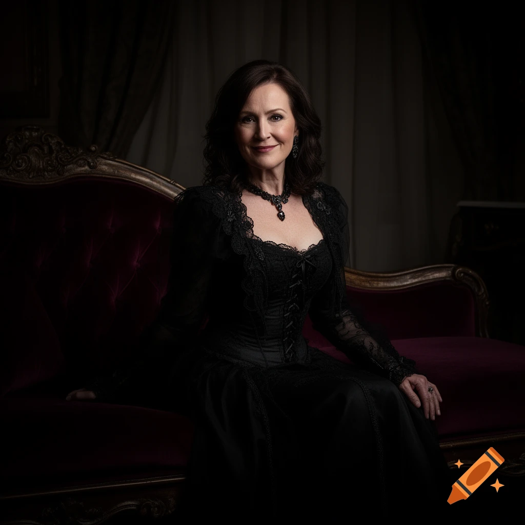 A woman in a gothic black lace gown and jewelry sits on a dark velvet chaise lounge in a dimly lit, photorealistic chiaroscuro portrait.