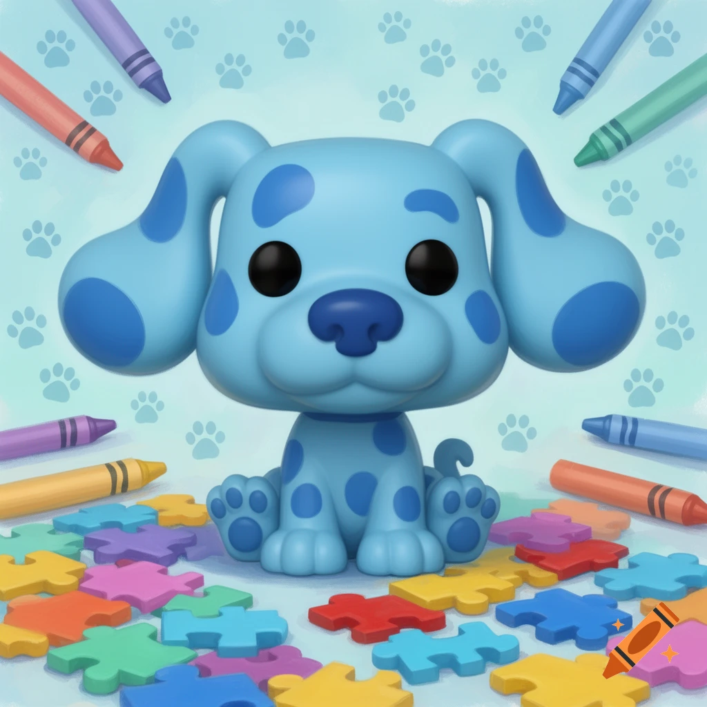 A blue Funko Pop-style cartoon dog, Blue from Blue's Clues, sits among colorful puzzle pieces and crayons on a paw print background.
