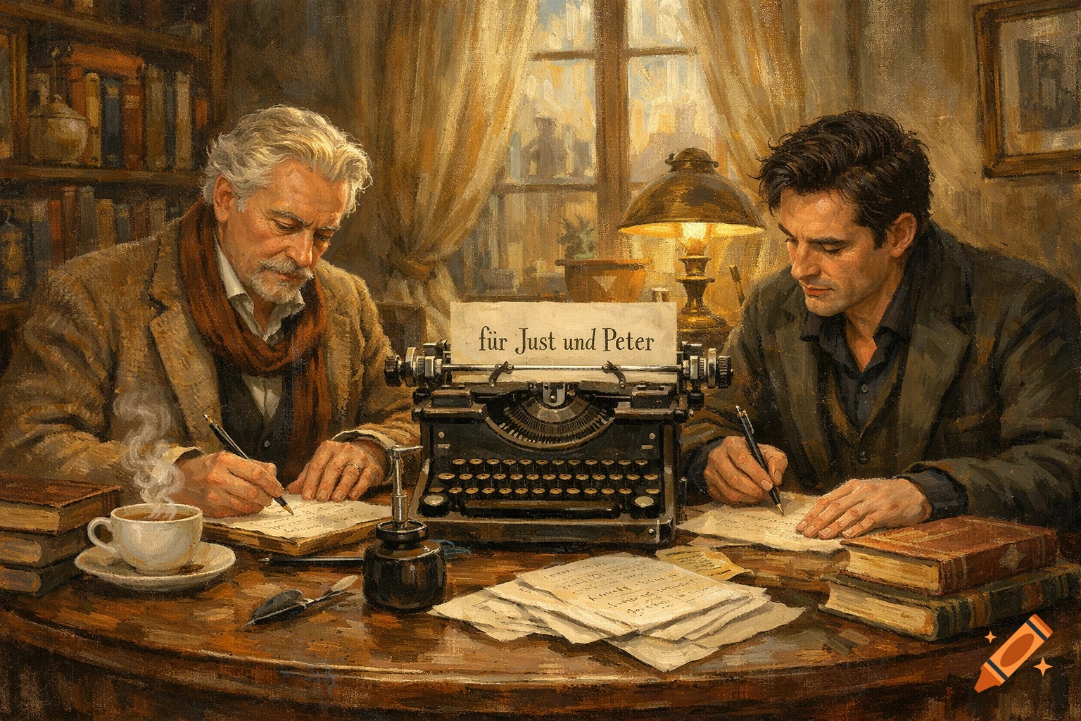 Oil painting of two men writing at a desk with a typewriter, surrounded by books and papers.