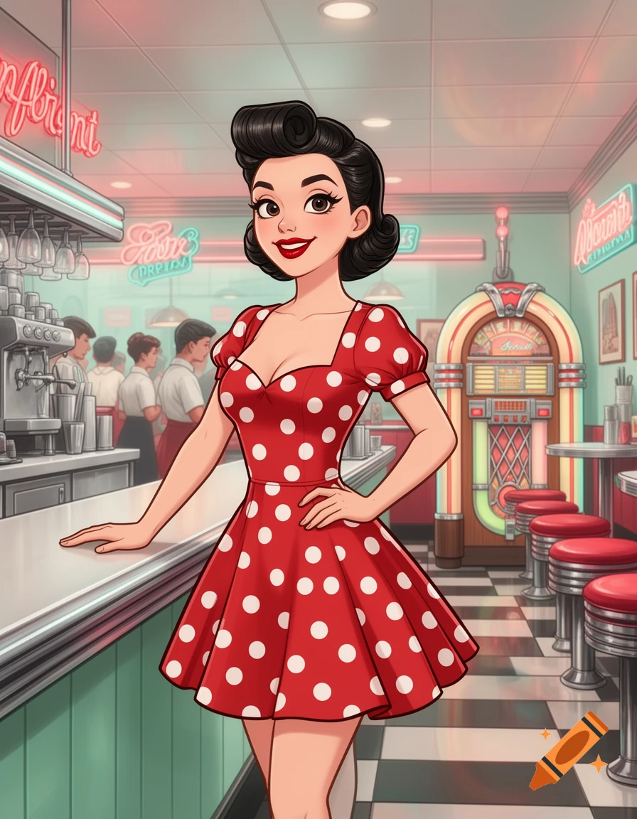 A cartoon woman in a red polka-dot dress stands in a 1950s diner with a jukebox and checkered floor.