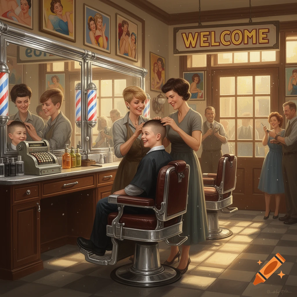 A retro barbershop scene where two women are giving a boy a buzz cut, with other customers in the background.