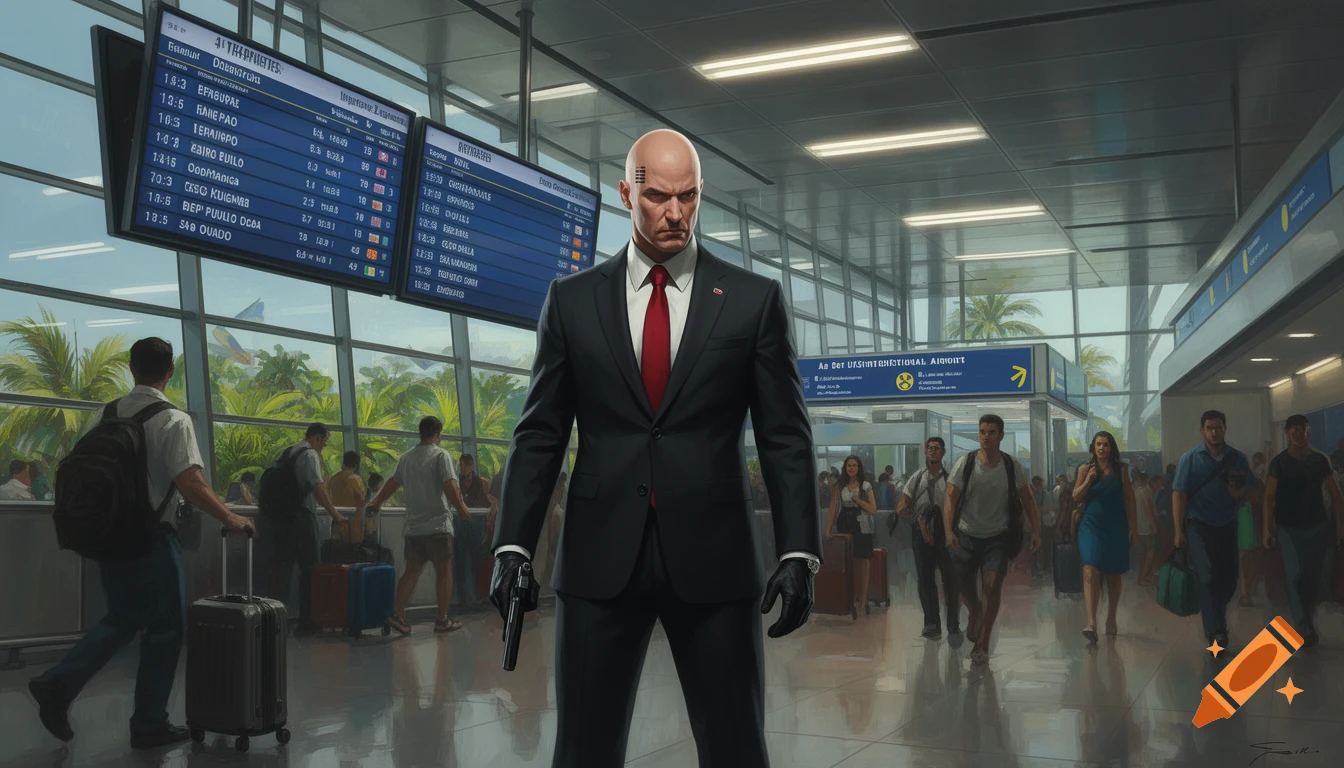 Agent 47, a bald man in a black suit and red tie, holds a gun in an airport with departure boards and tropical trees outside windows.