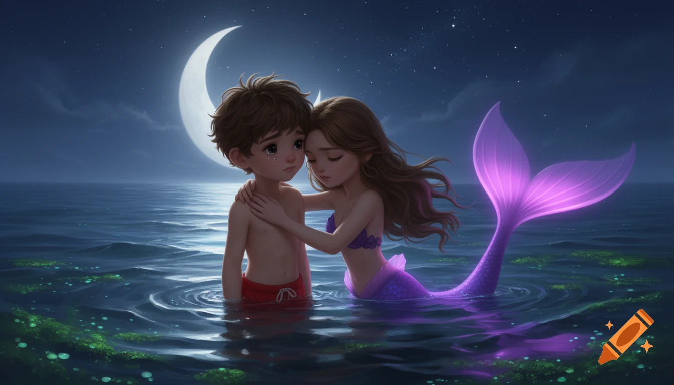 A sad boy in red shorts is hugged by a mermaid with a glowing purple tail in the ocean at night, under a crescent moon.