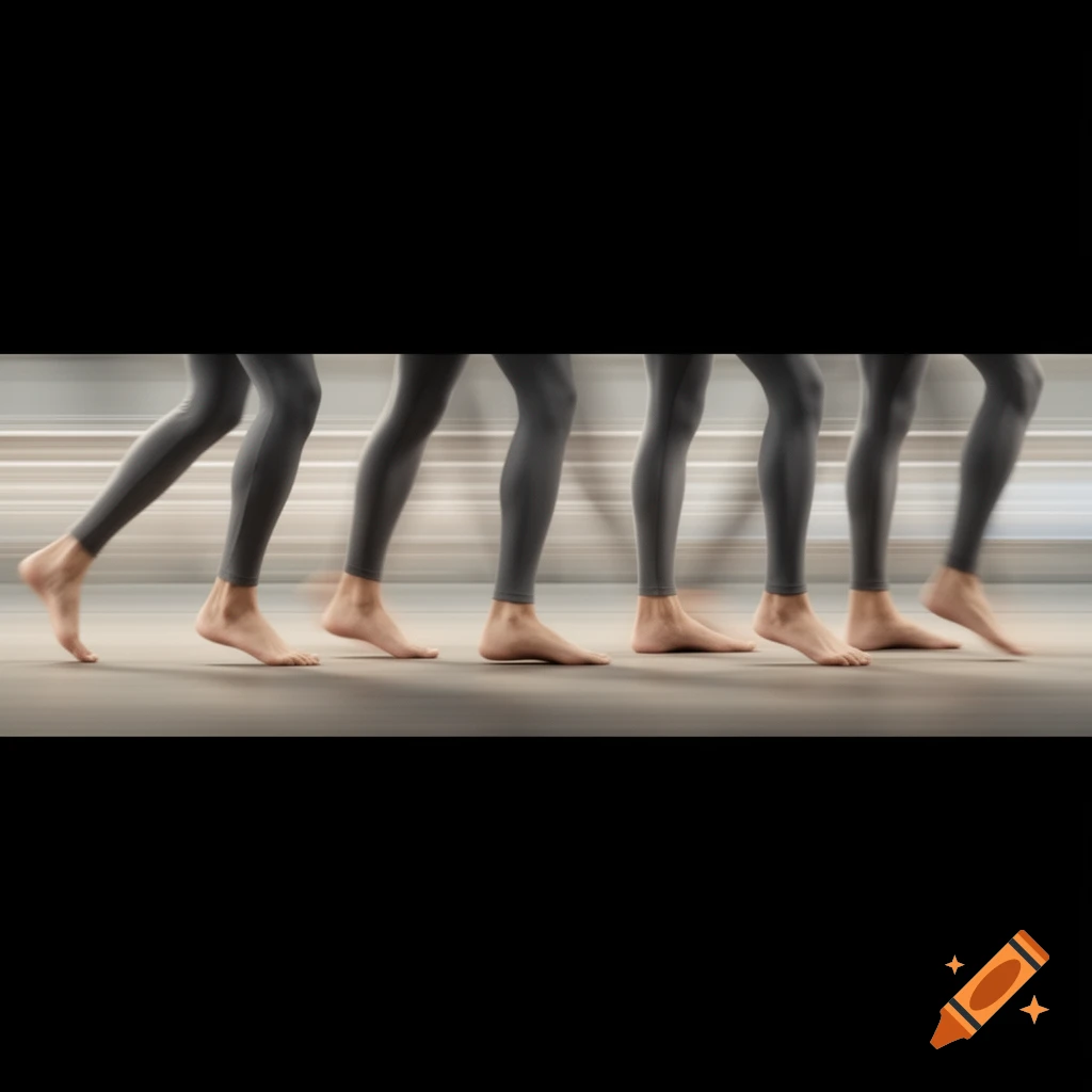 Multiple sequential frames of bare legs in black leggings walking with motion blur against a blurred background.