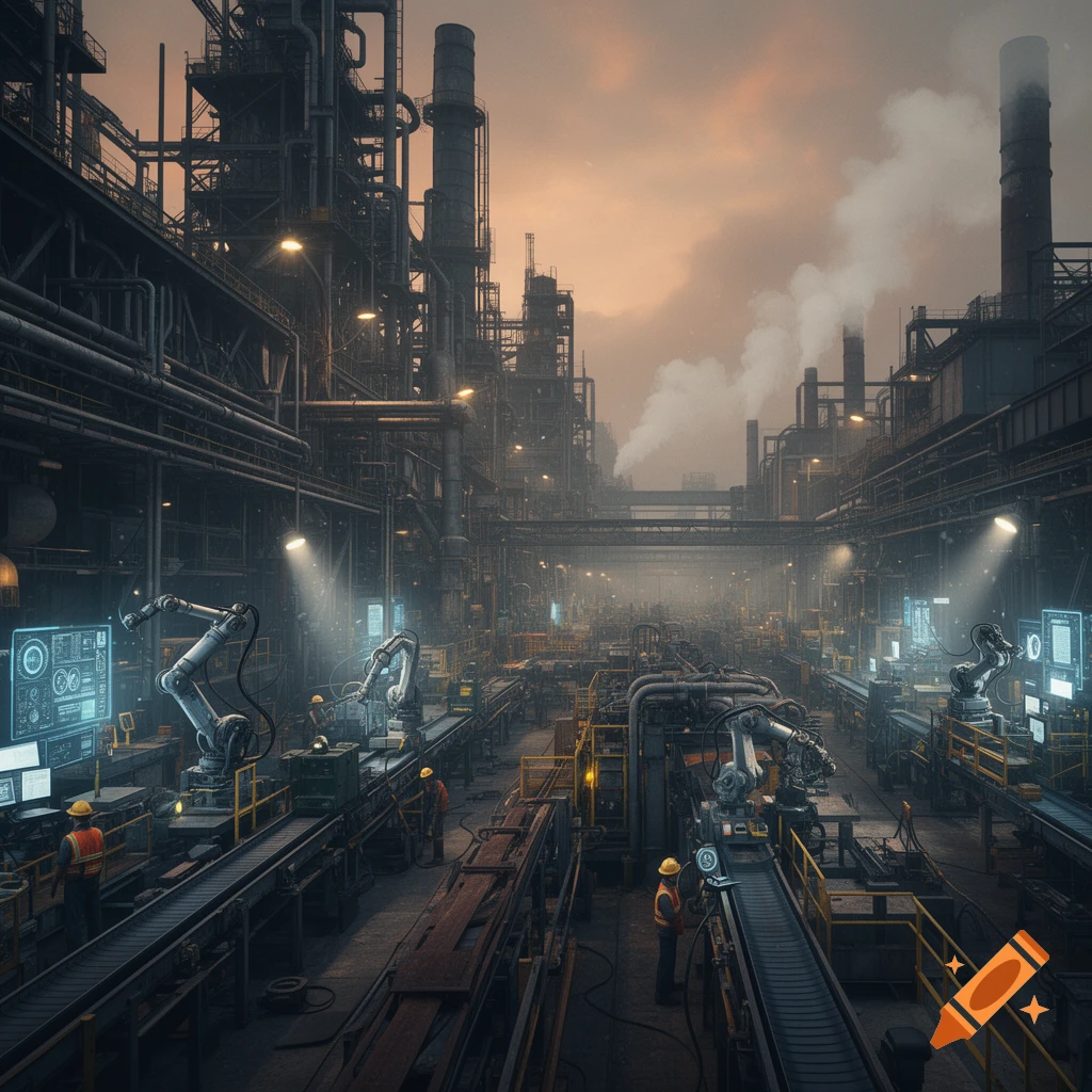 A vast, complex industrial factory floor with robotic arms, conveyor belts, and workers amidst towering structures and pipes under a hazy sky, photorealistic.