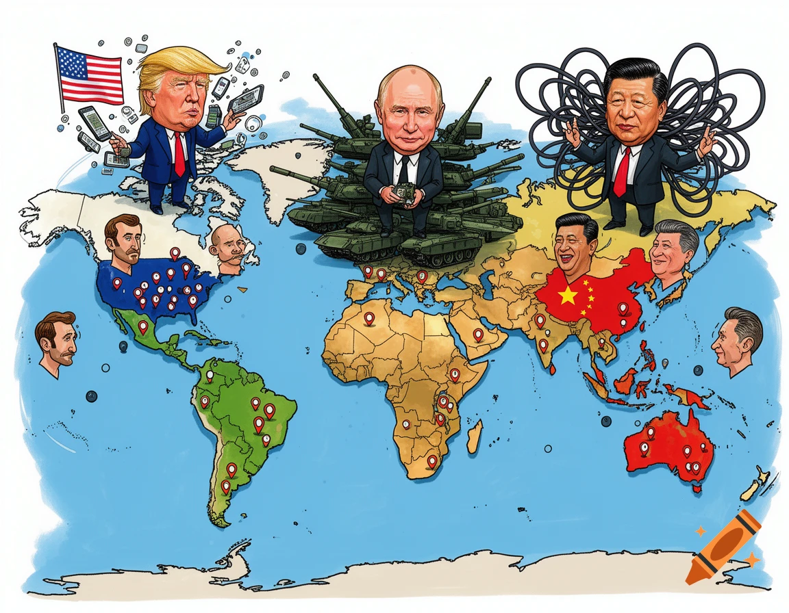 Political cartoon world map with caricatures of Trump, Putin, and Xi Jinping, surrounded by symbols of technology, military, and surveillance.