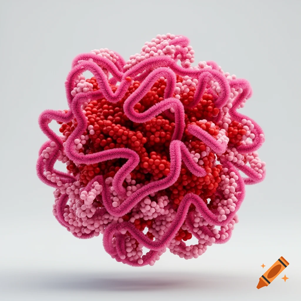 A spherical, intricate 3D model of a protein, composed of shiny red and pink beads intertwined with fuzzy pink pipe cleaners on a clean white background.