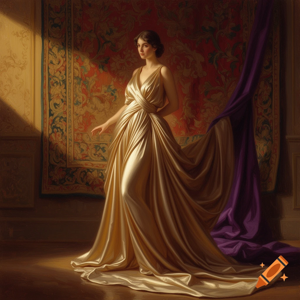 A woman in a flowing gold gown stands against a red patterned tapestry ...