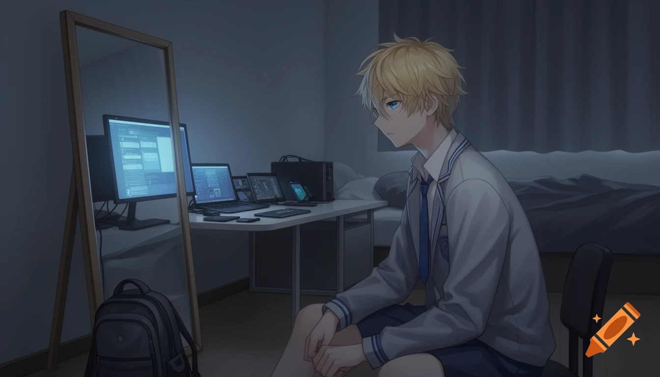 An anime blond boy with blue eyes sits disappointedly in a dark bedroom with multiple computer screens and a backpack.