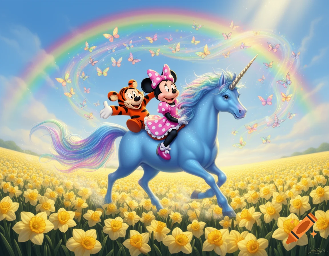 Minnie Mouse and Tigger ride a blue unicorn through a vibrant field of yellow daffodils, under a rainbow with many colorful butterflies.