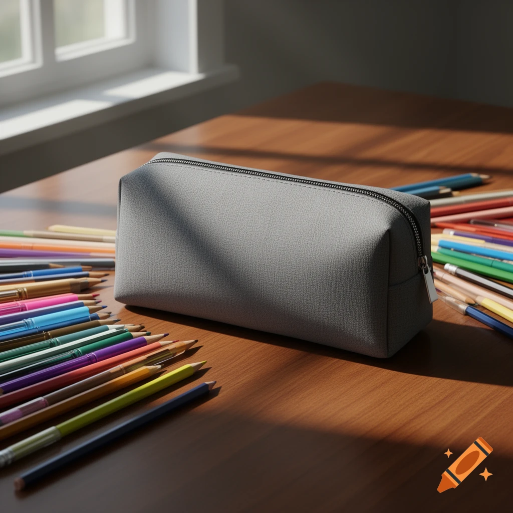 A grey pencil case on a wooden table, surrounded by scattered colored pencils, lit by sunlight from a window.