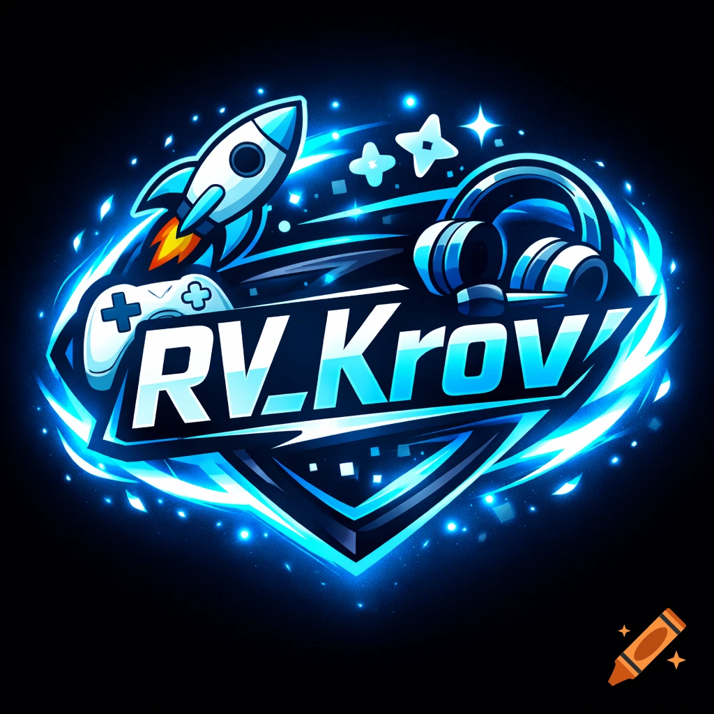 A glowing blue gaming esports logo for 'RV_Krov' featuring a rocket, game controller, and headphones on a dark background.