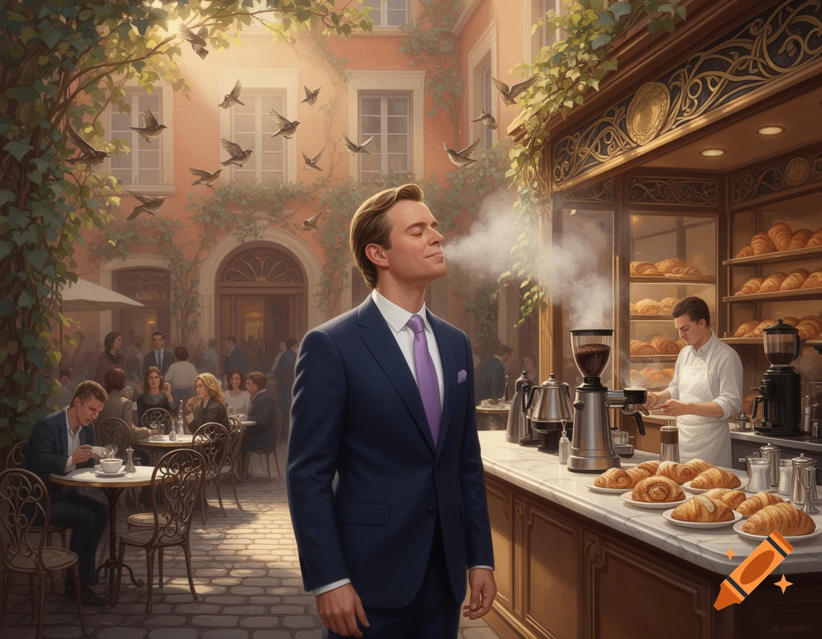 A man in a suit stands with his eyes closed, smelling steam from a coffee grinder at an ornate outdoor bakery counter filled with pastries, with cafe patrons and birds in the background.