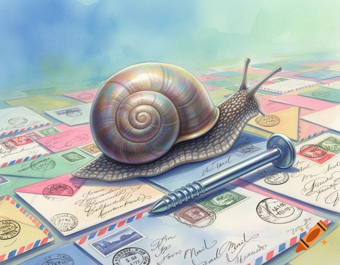 A large snail and a metal nail rest on a scattered pattern of colorful envelopes and mail, under a blue sky.