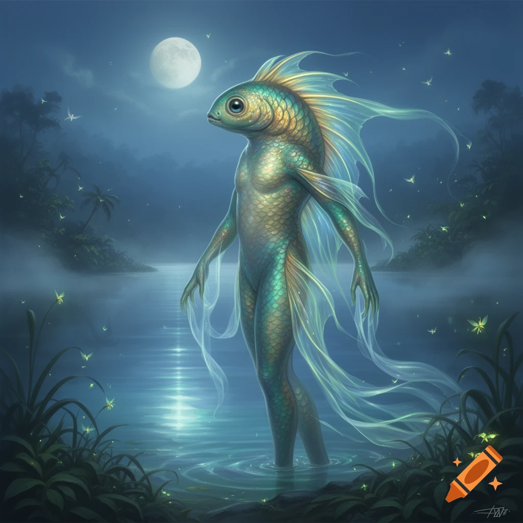 A scaly humanoid fish creature stands in misty water under a full moon ...