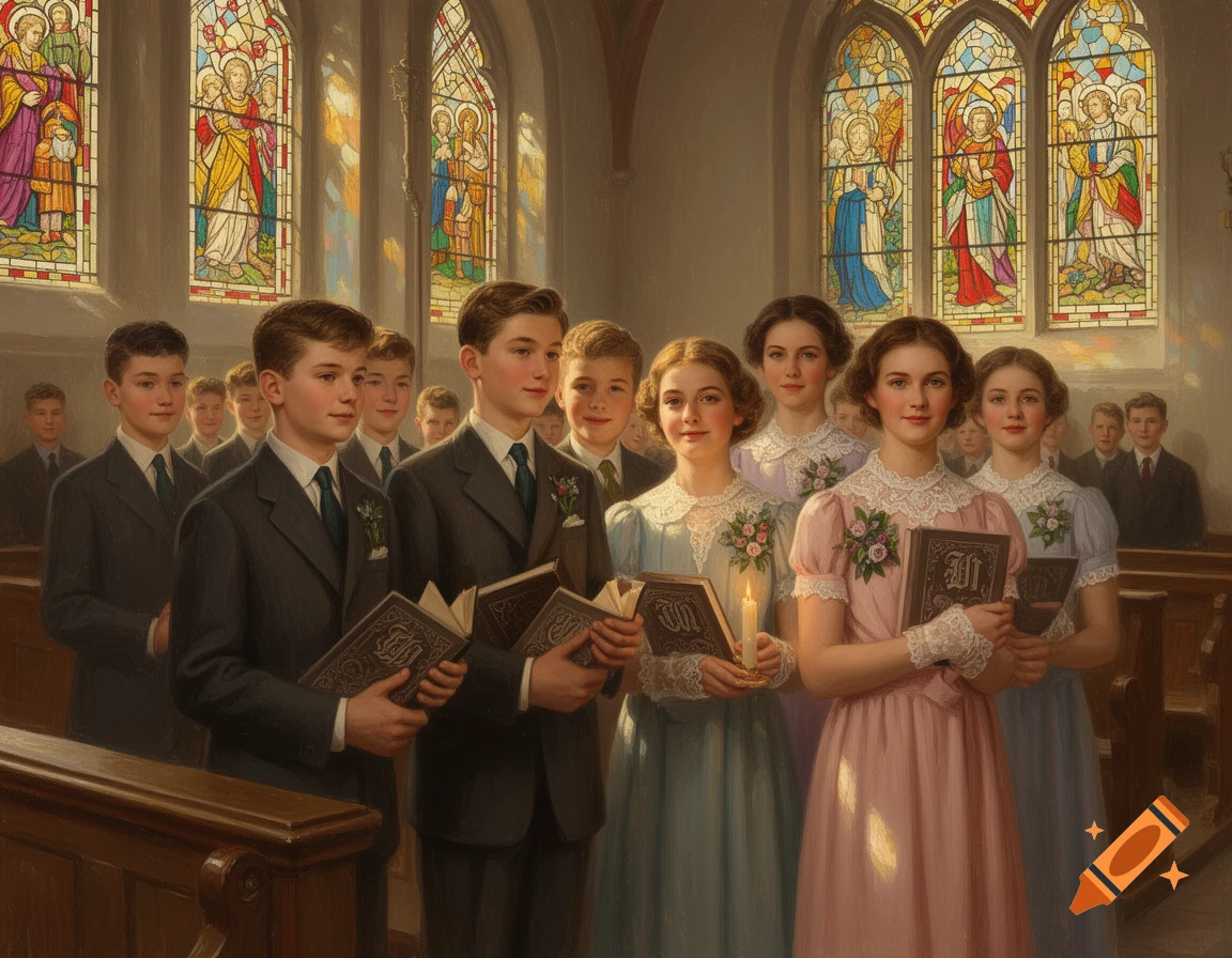 A group of young men and women in formal attire sing in a church, holding hymnals. Stained glass windows illuminate the scene.