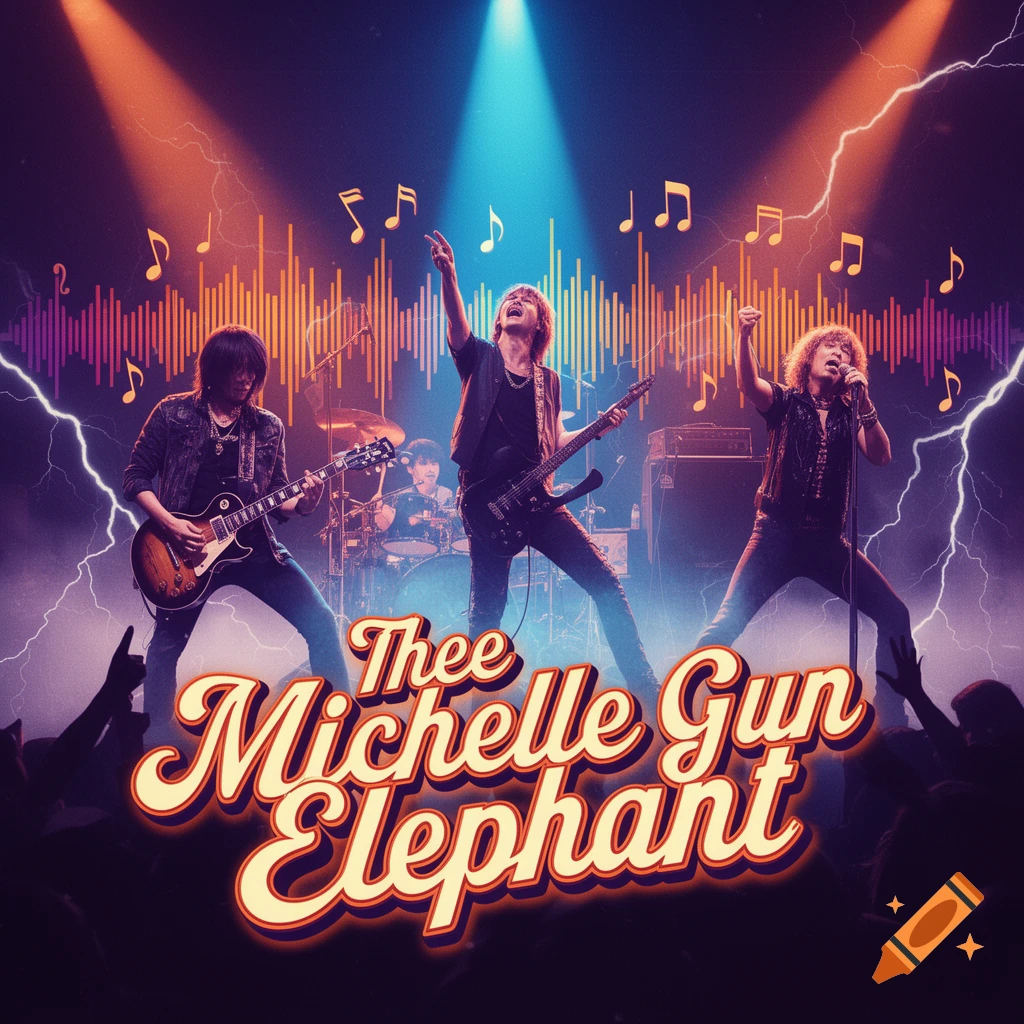 A rock band, 'Thee Michelle Gun Elephant', performs on stage under vibrant spotlights and musical notes, with lightning bolts.