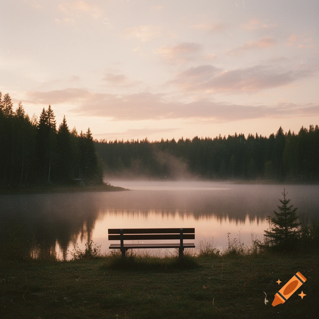 A serene lake at dawn or dusk, with mist rising from the water, bordered by a dark forest. A lone bench sits on the grassy shore.