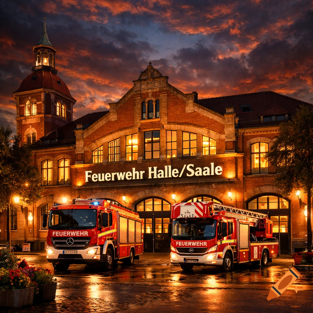 Photorealistic image of two red fire trucks parked in front of a historic fire station building at dusk under a dramatic sky, with "Feuerwehr Halle/Saale" written on the building.