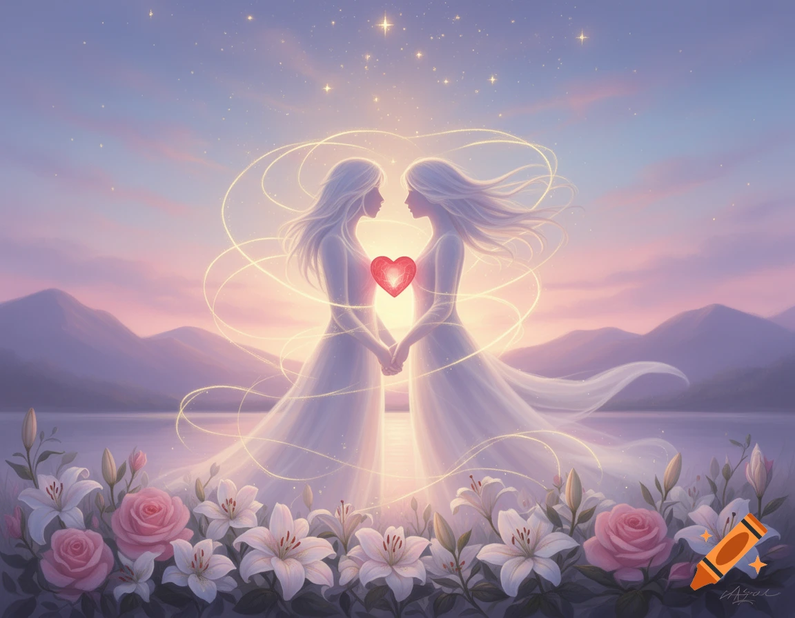 Two ethereal figures hold hands, radiating light and love, amidst a field of white lilies and pink roses with a serene mountain landscape at sunset.