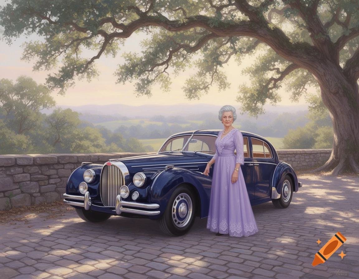 A regal elderly woman in a lavender dress stands proudly beside a dark blue vintage Bugatti on a cobblestone path under a large tree.