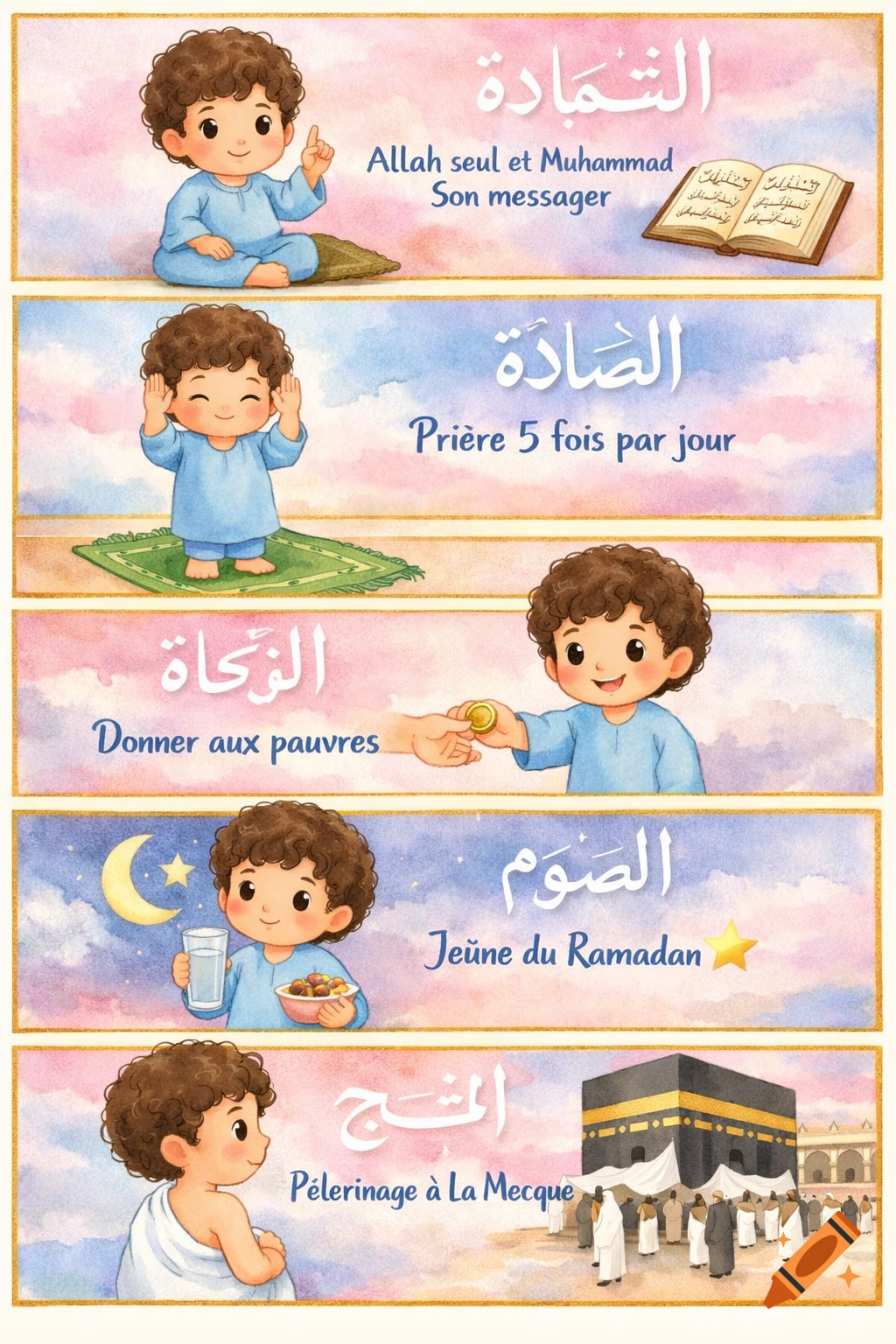 A charming watercolor illustration depicting a young boy demonstrating the five pillars of Islam, with corresponding Arabic and French text in five panels.