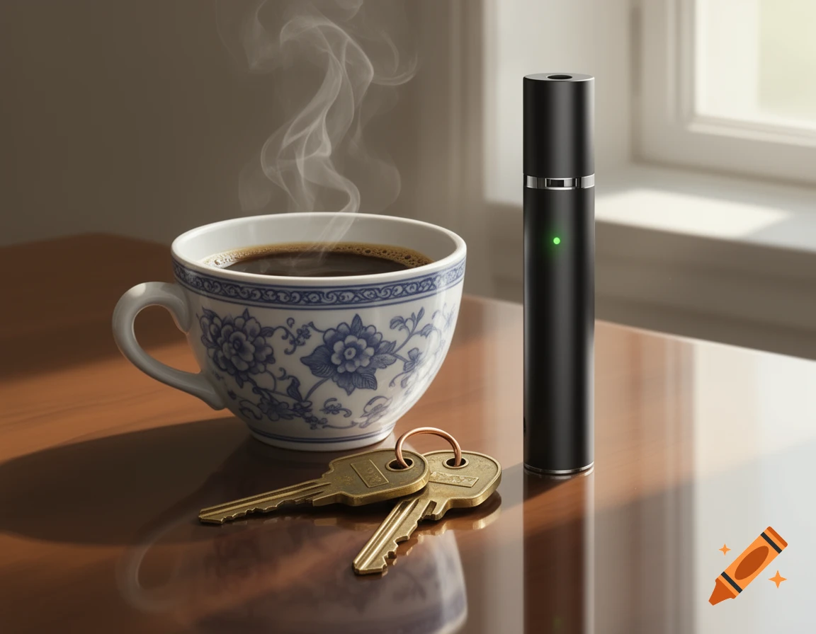 A steaming cup of coffee in a blue and white mug, two brass keys, and a black vape pen with a green light on a wooden table.