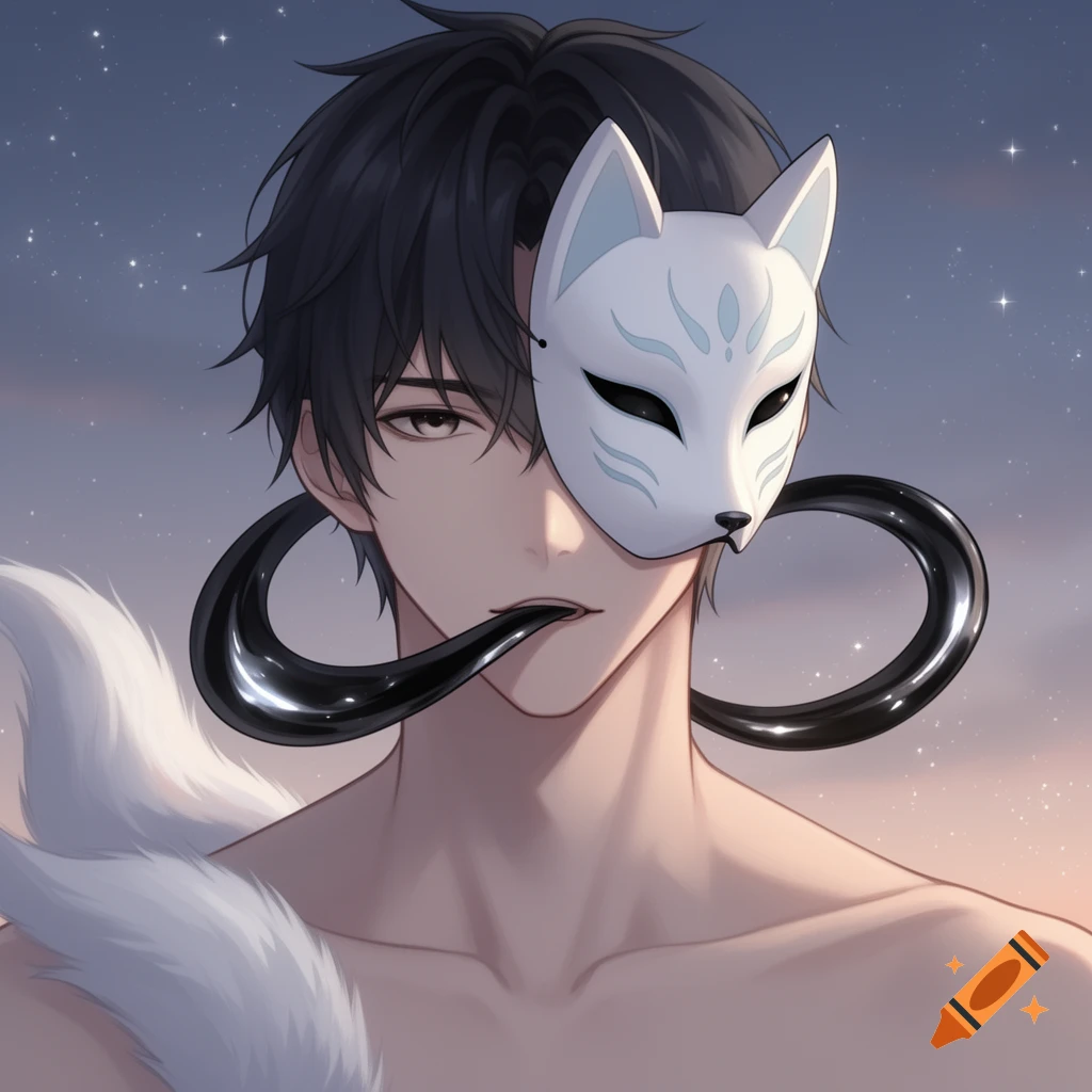 Anime man with dark hair, a white kitsune mask covering one eye, a white fox tail, and a shiny black tendril coming from the mask into his mouth, under a starry sky.