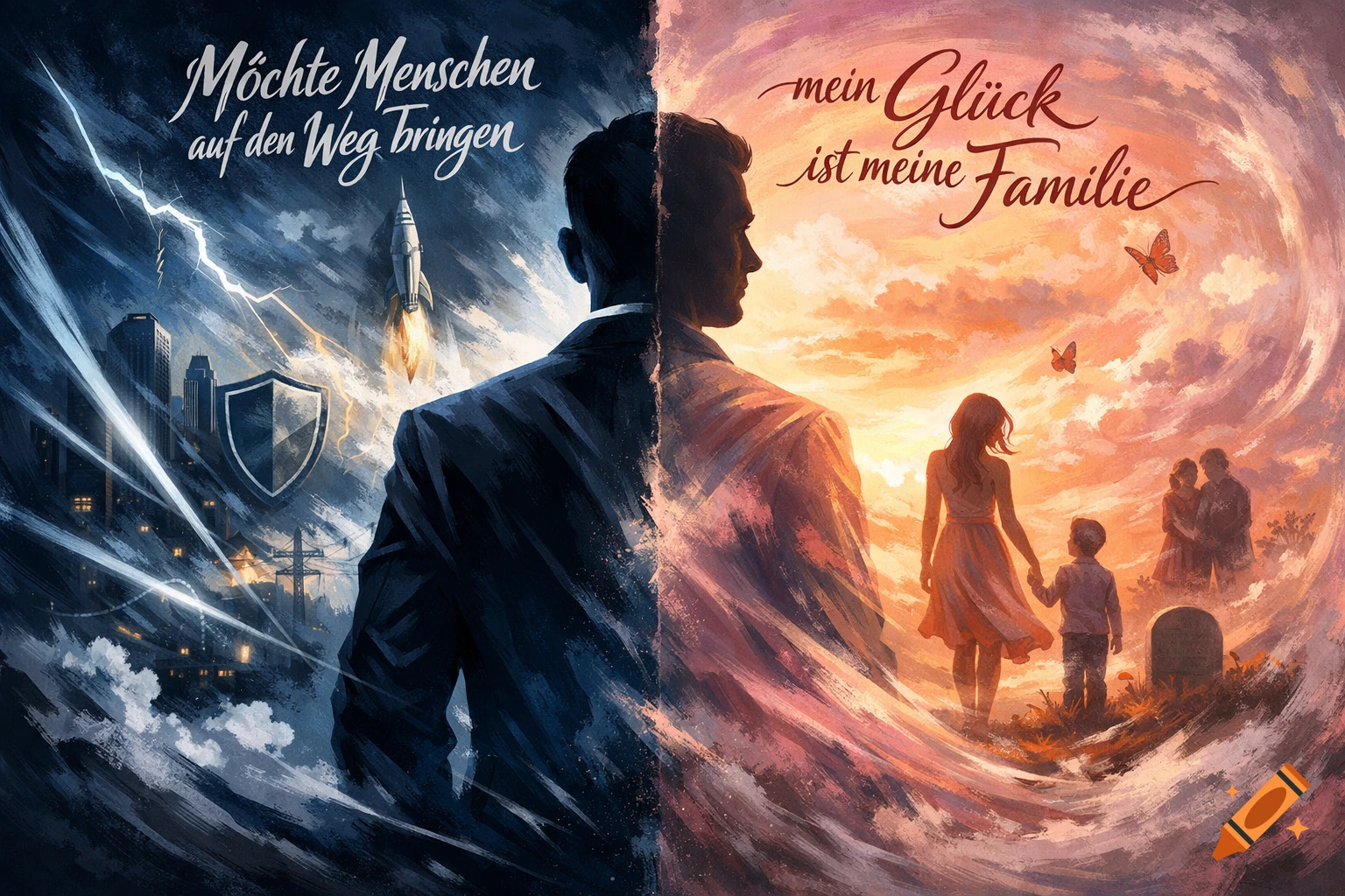 A stylized painting of a man's back, split down the middle. One side shows a dark, stormy city with a rocket and lightning, while the other side depicts a warm, sunset scene with a woman, child, and butterflies.