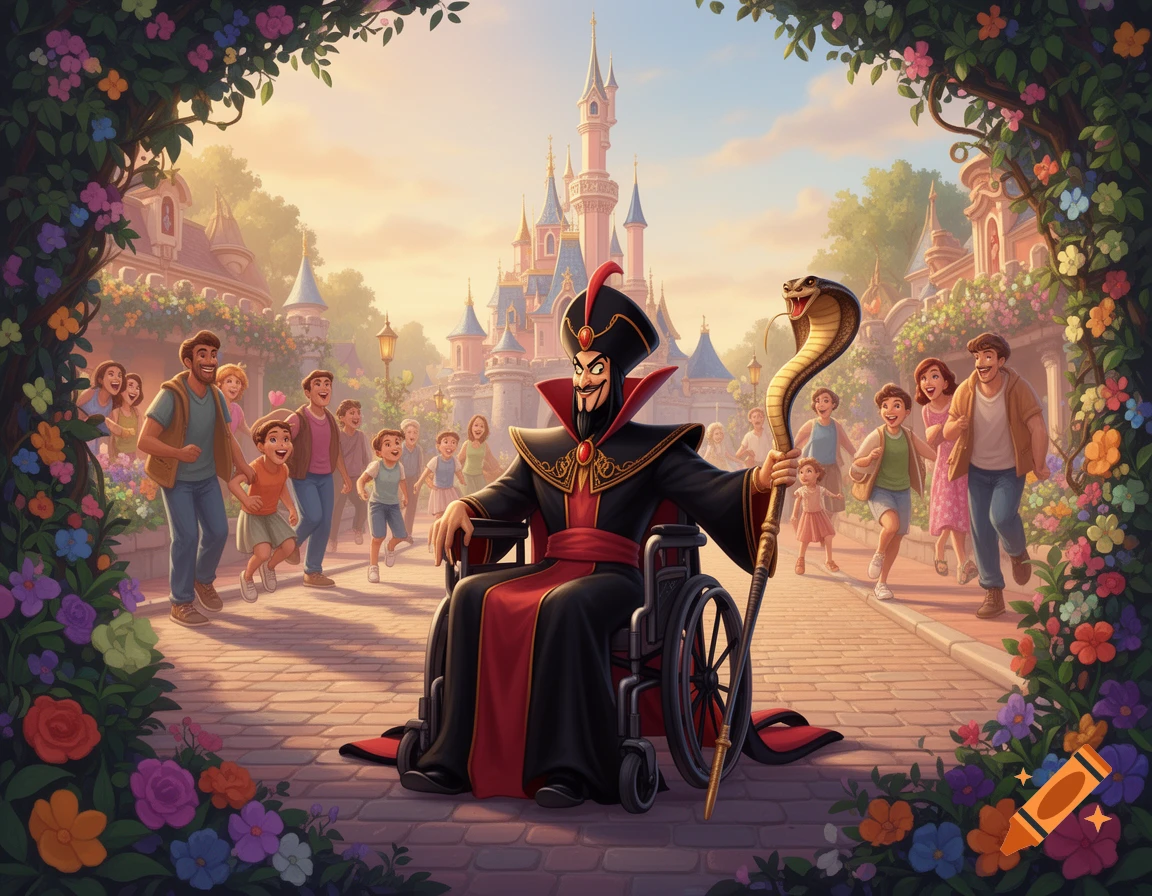 Jafar in a wheelchair, holding a cobra staff, in a vibrant animated theme park with families and a fairytale castle in the background.