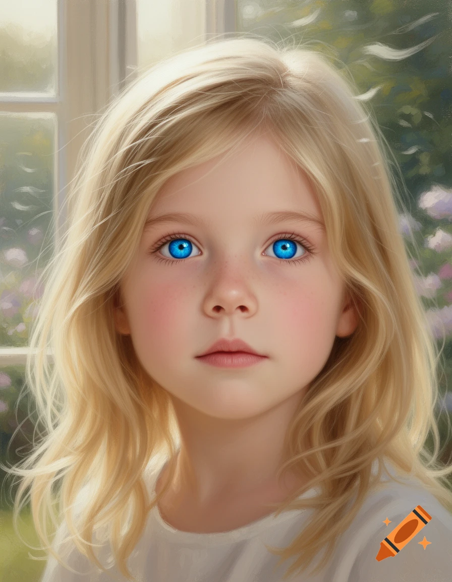 A photorealistic portrait of a young blond girl with strikingly blue eyes, looking directly at the viewer.