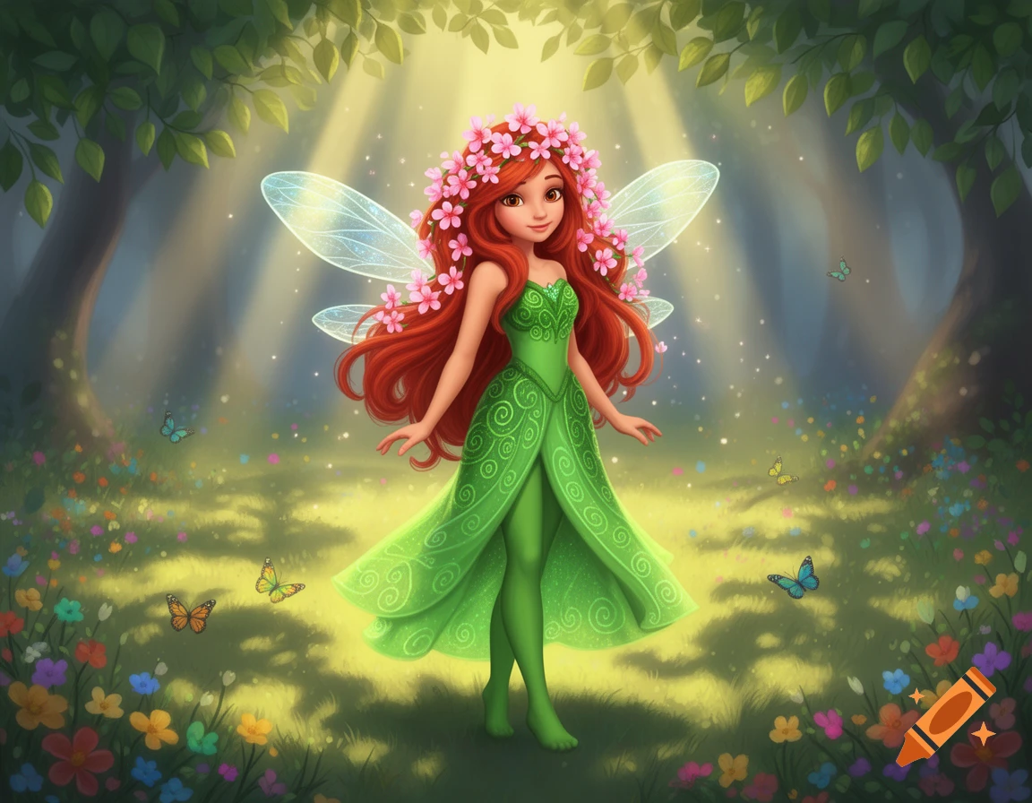 A cartoon fairy with long red hair, a crown of pink flowers, and a green dress stands in a sunlit magical forest with butterflies.