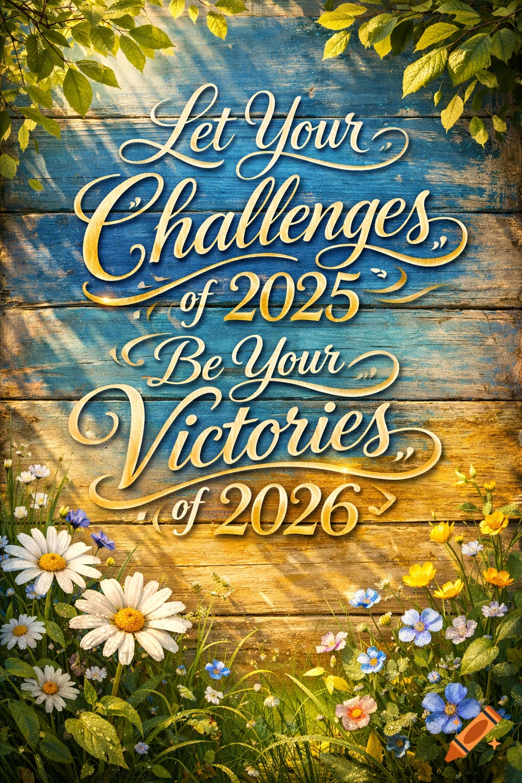 Hand-lettered quote 'Let Your Challenges of 2025 Be Your Victories of 2026' on a wooden sign with wildflowers and leaves.
