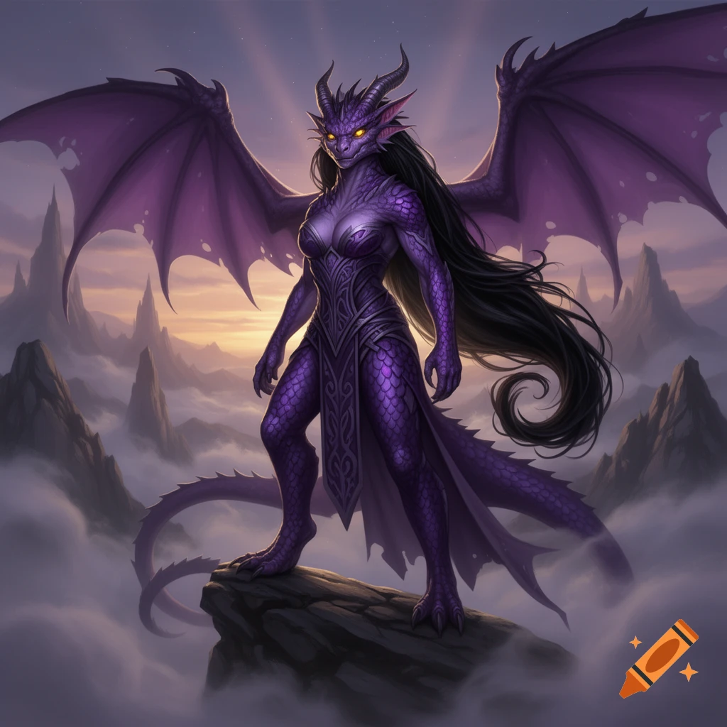 Purple female dragonborn with black hair and gold eyes stands on a rocky peak, wings spread, overlooking a cloudy sunset landscape.