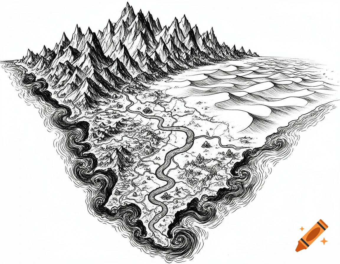 Black and white hand-drawn fantasy map depicting mountains, a desert ...